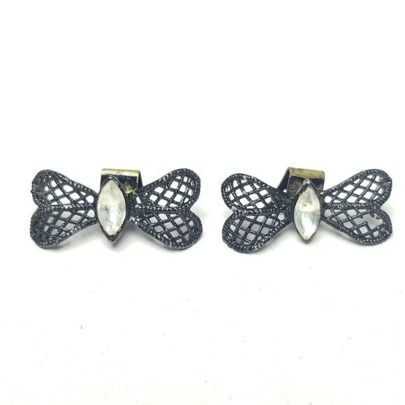 Vintage Black Rhinestone Bow Wing Shape Shoes Dress Clips, Retro 60s 70s style - Picture 5 of 5